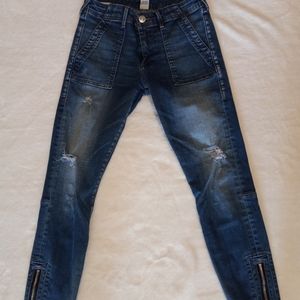 True Religion Halle Mid Rise Super Skinny Jeans Distress Zipper Ankle Sz 26